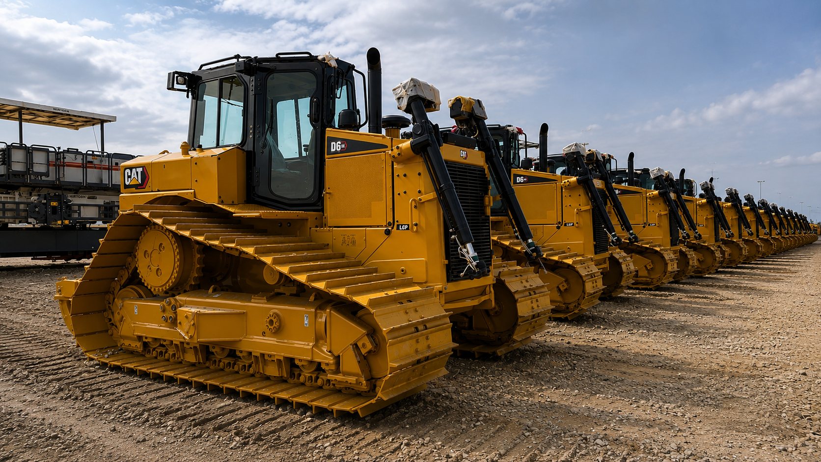CAT dozers arranged in formation at the equipment yard