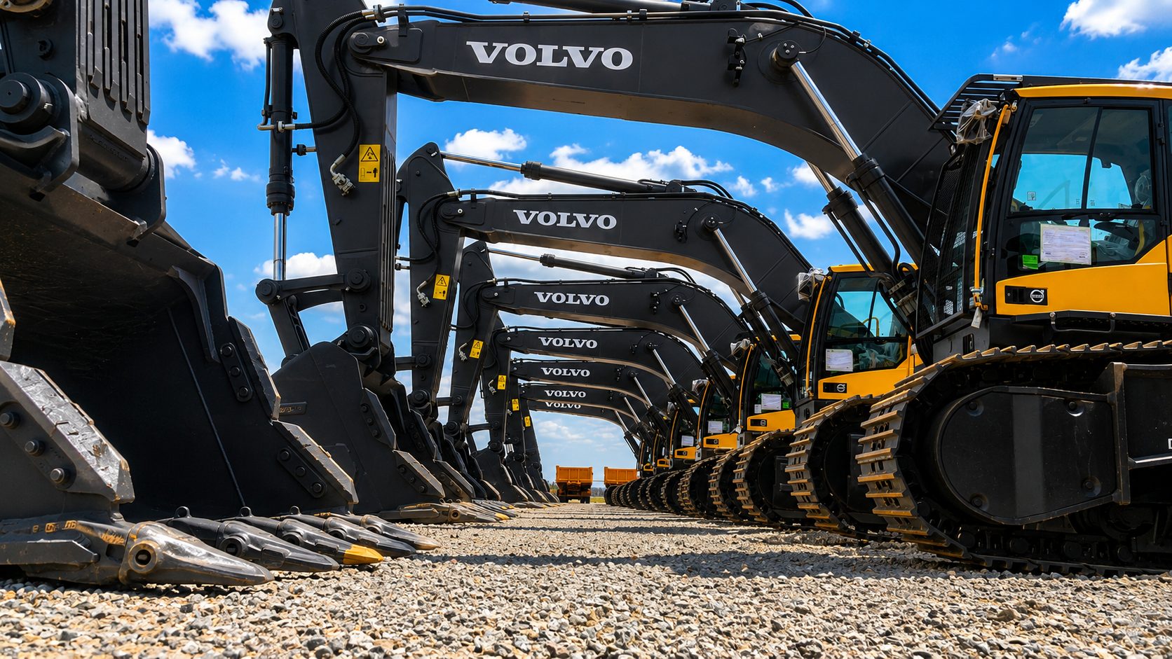 Low-angle view of Volvo excavator arms lined up against a blue sky