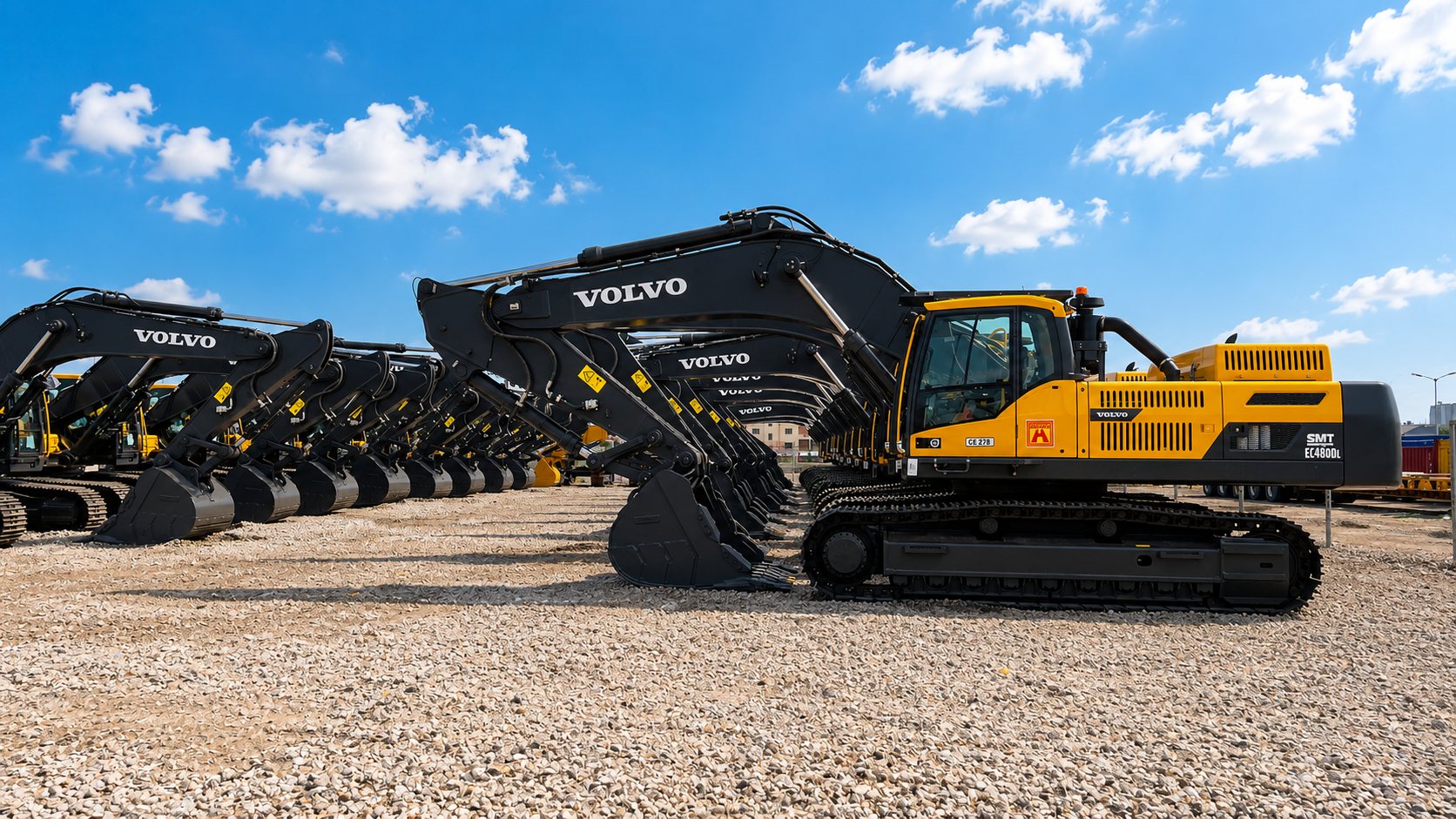 Volvo tracked excavators lined up at the plant yard