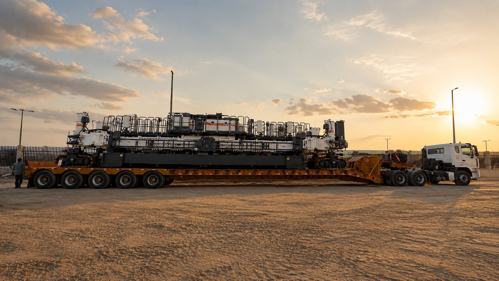 Lowbed trailer transporting heavy paving equipment at sunset