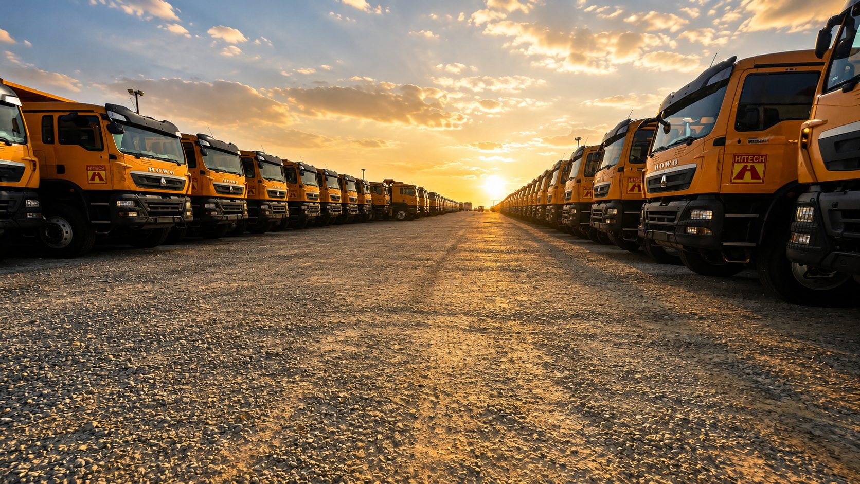 Hitech HOWO tipper trucks parked in rows at sunset