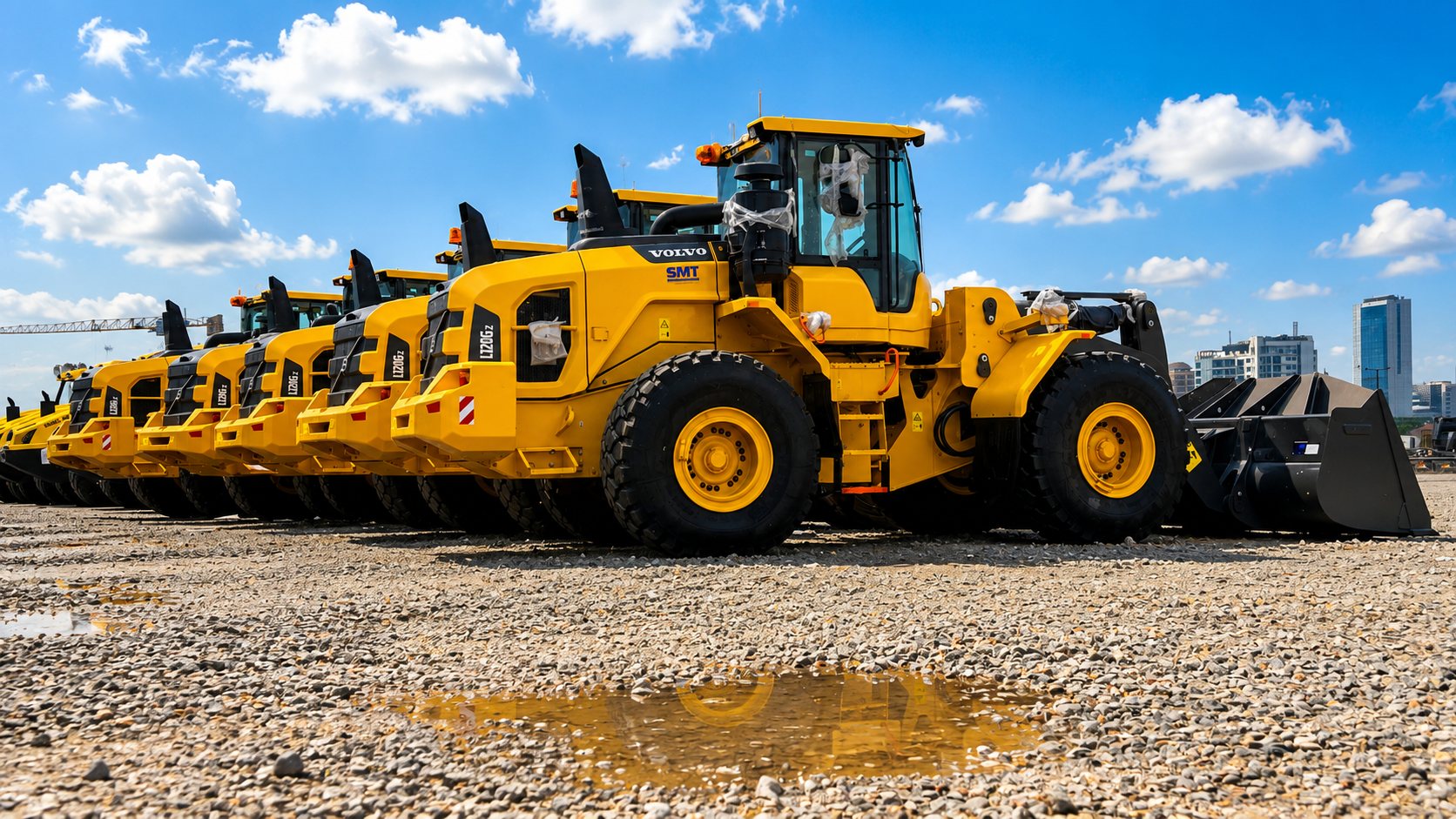 Volvo wheel loaders arranged in formation at the equipment yard