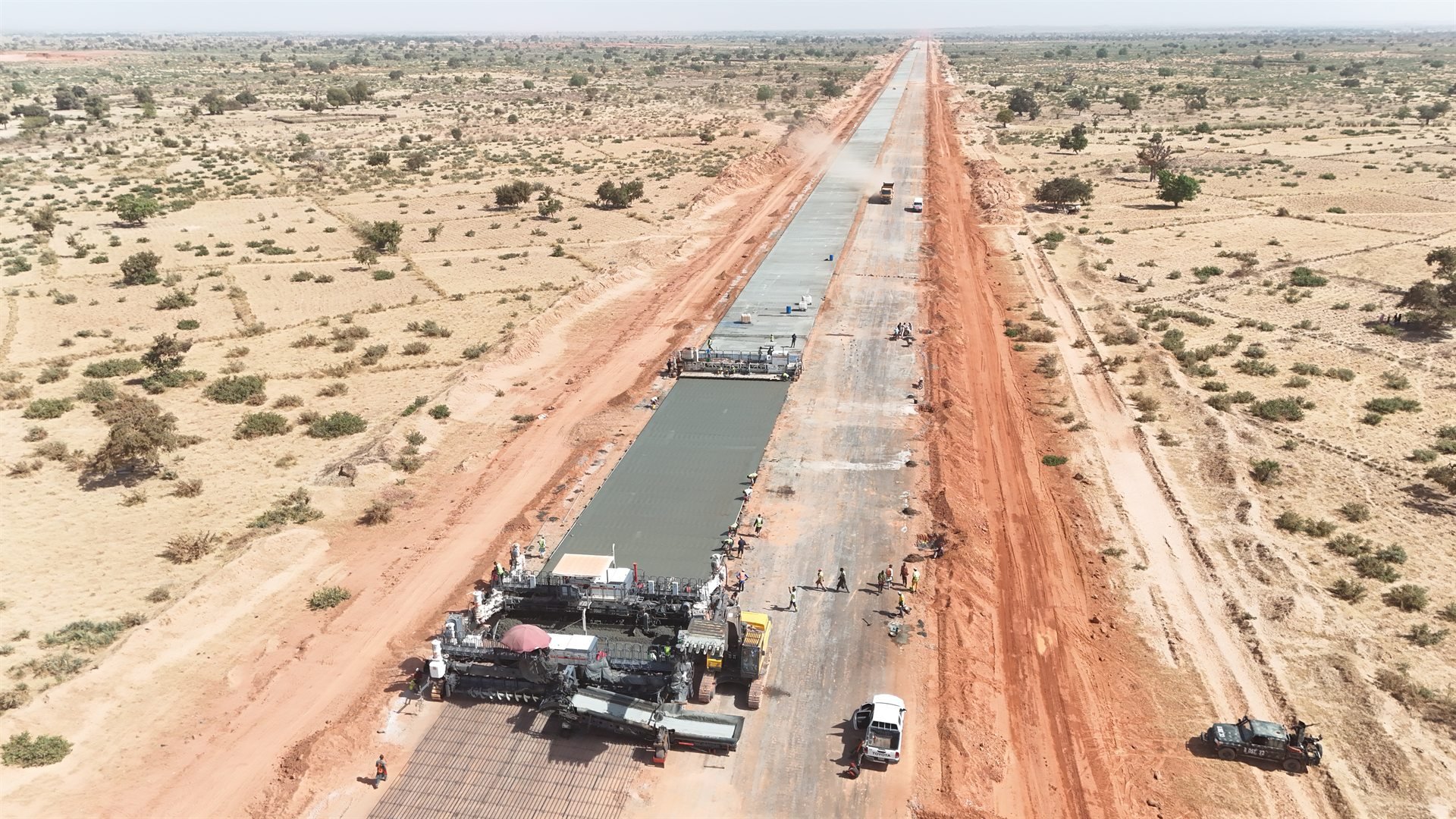 Continuously reinforced concrete pavement being placed on a Hitech highway project