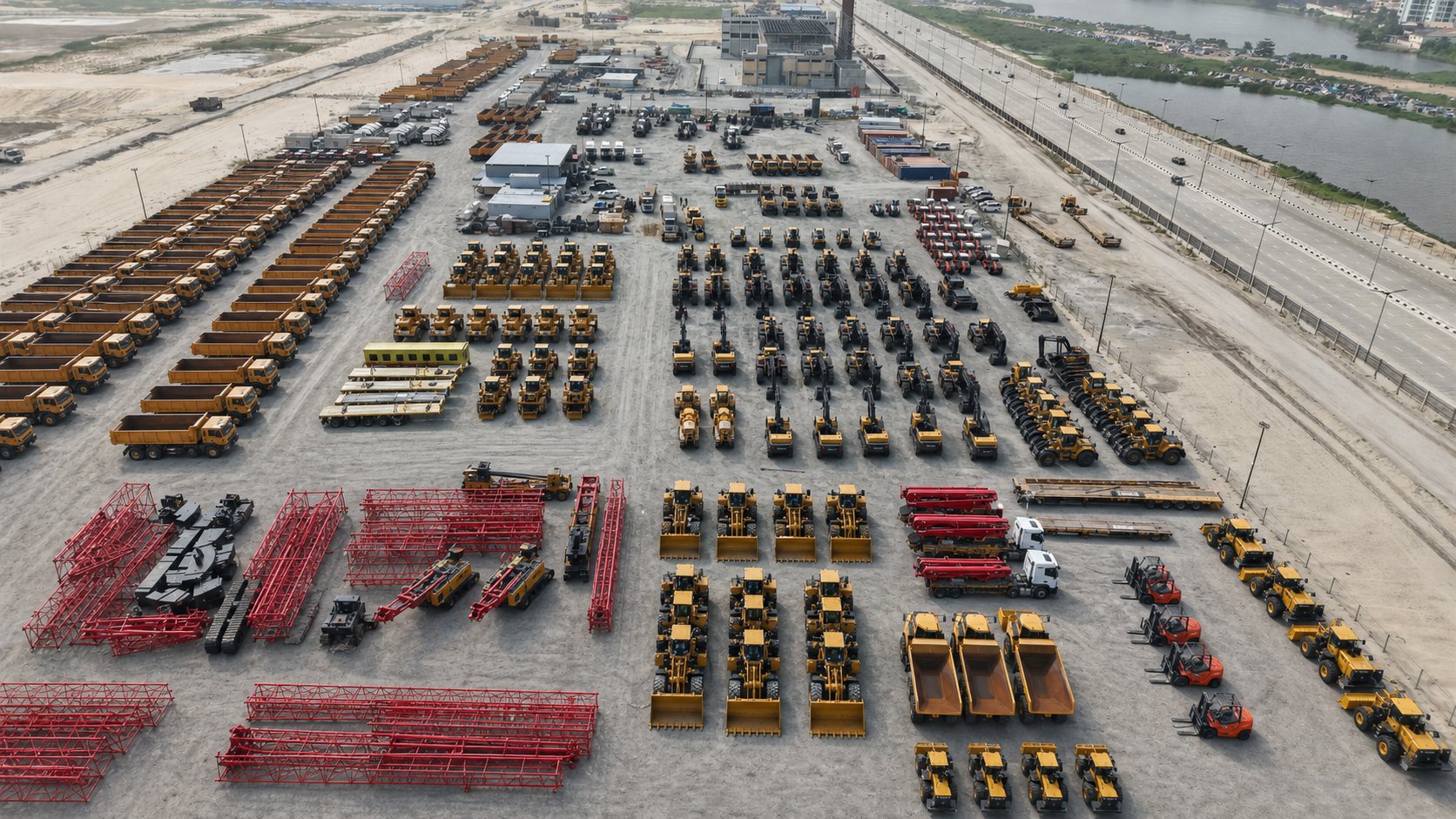 Aerial view of Hitech construction plant and equipment arranged across the fleet yard