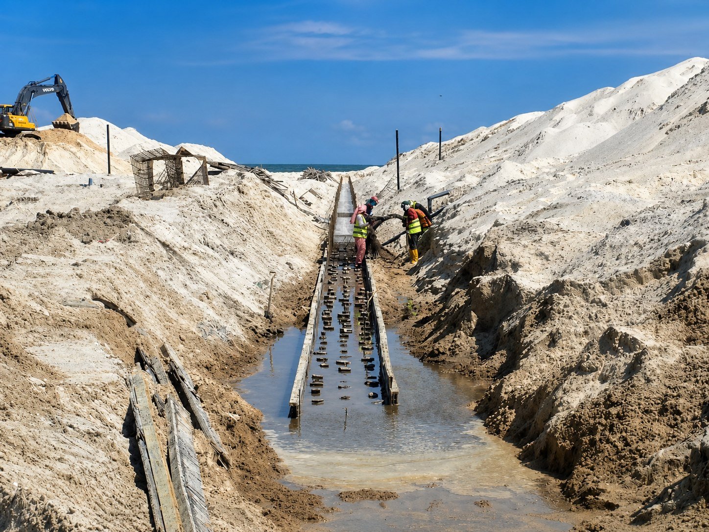 Workers installing formwork inside an excavated irrigation channel