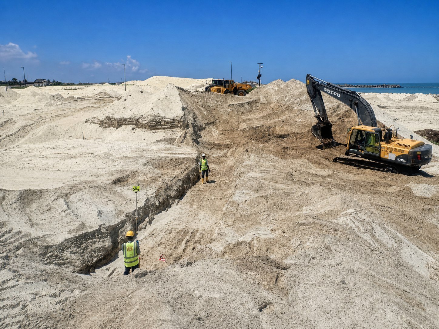 Excavation works for water supply and irrigation infrastructure near the coastline