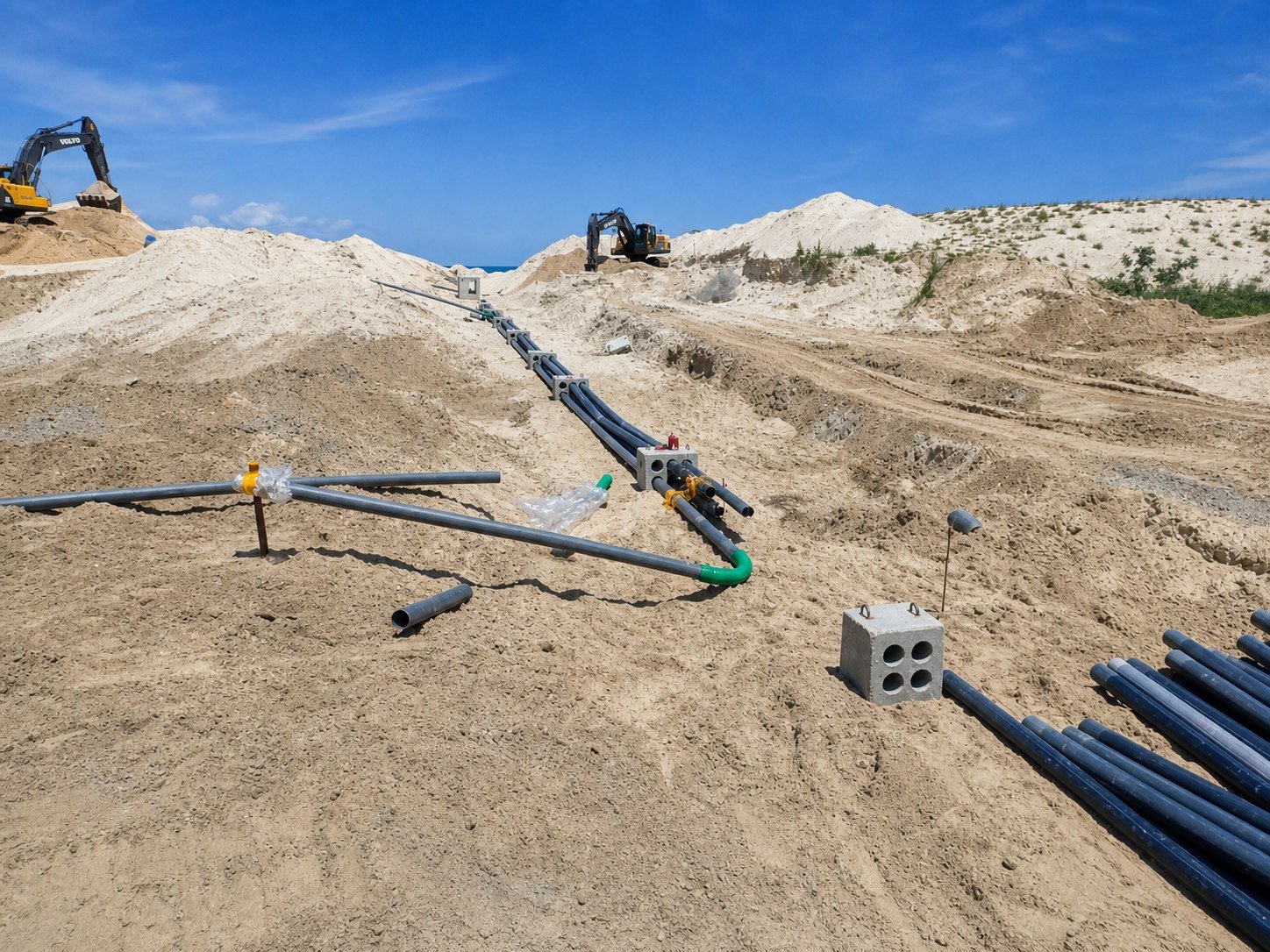 Pipeline installation works across excavated sand terrain for water infrastructure
