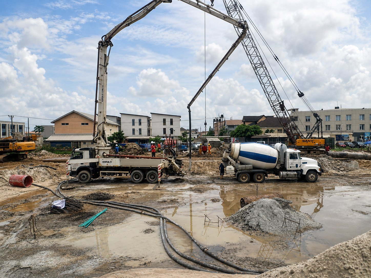 Concrete placement works with pump equipment and mixer truck on a water infrastructure site